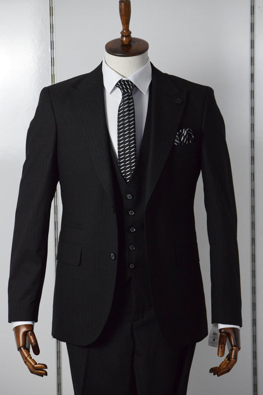 ÇİZGİLİ YELEKLİ TAKIM ELBİSE - SİYAH