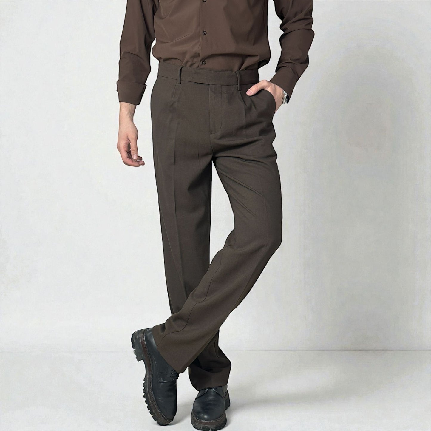 BAGGY FİT KUMAŞ PANTOLON - KAHVERENGİ